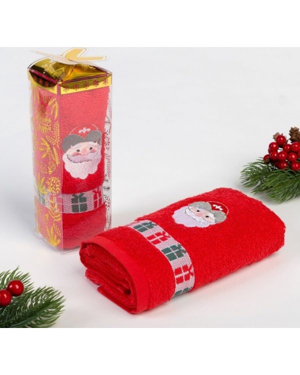 Полотенце махровое с вышивкой "Дед Мороз" 30х70см, 340 г/м2, 100% хлопок   3871671