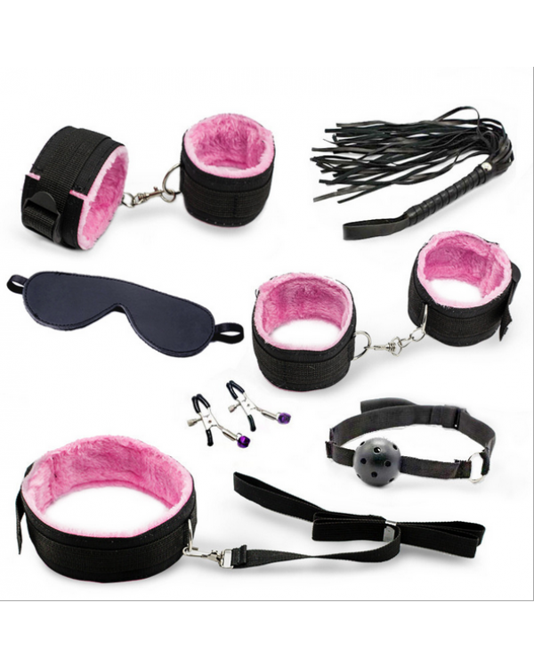 Набор БДСМ черно-розовый 7 предметов:маска, оковы д/ног,рук, ошейник, кляп, плеть, зажимы