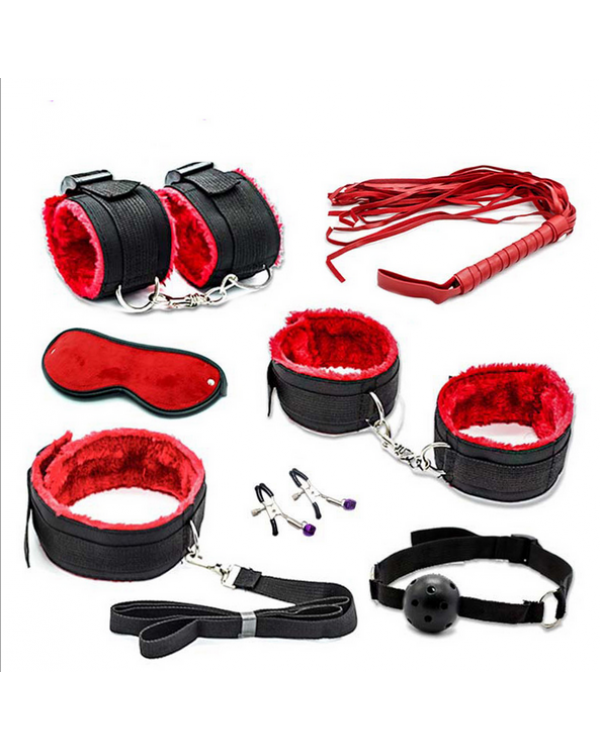 Набор БДСМ черно-красный 7 предметов:маска, оковы д/ног,рук, ошейник, кляп, зажимы, плеть
