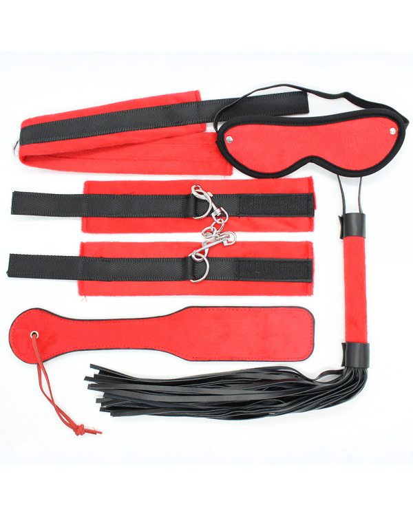 Набор красно-черный 5 предметов: ошейник, оковы, шоры, плетка, шлепалка