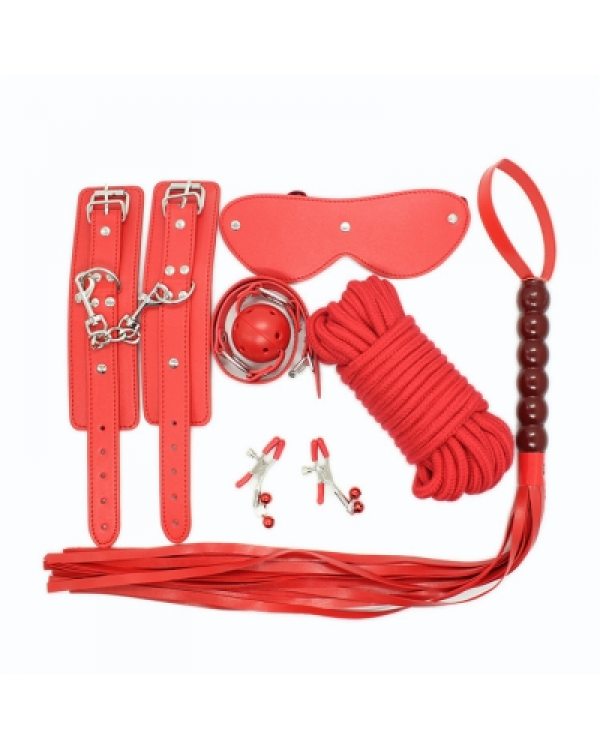 Набор красный 6 предметов: оковы, шоры, кляп, зажимы, веревка, плетка