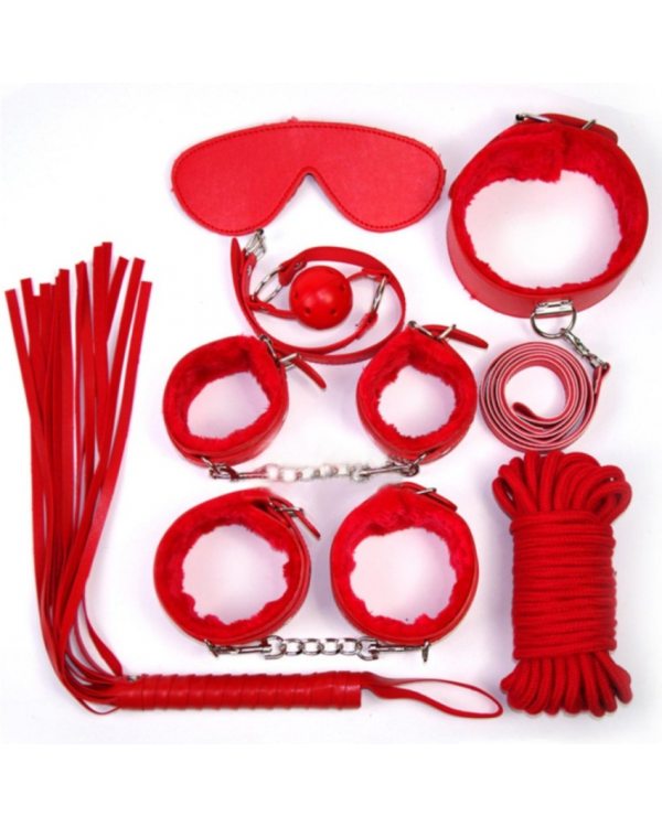 Набор красный 7 предметов: плетка, оковы д/рук/ног, ошейник. шоры, кляп, веревка